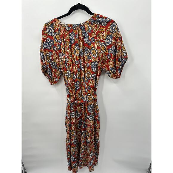 FAHERTY NWT Carmel Linen Blend Tie Waist Red Floral Button Down Midi Dress // M - Picture 14 of 16